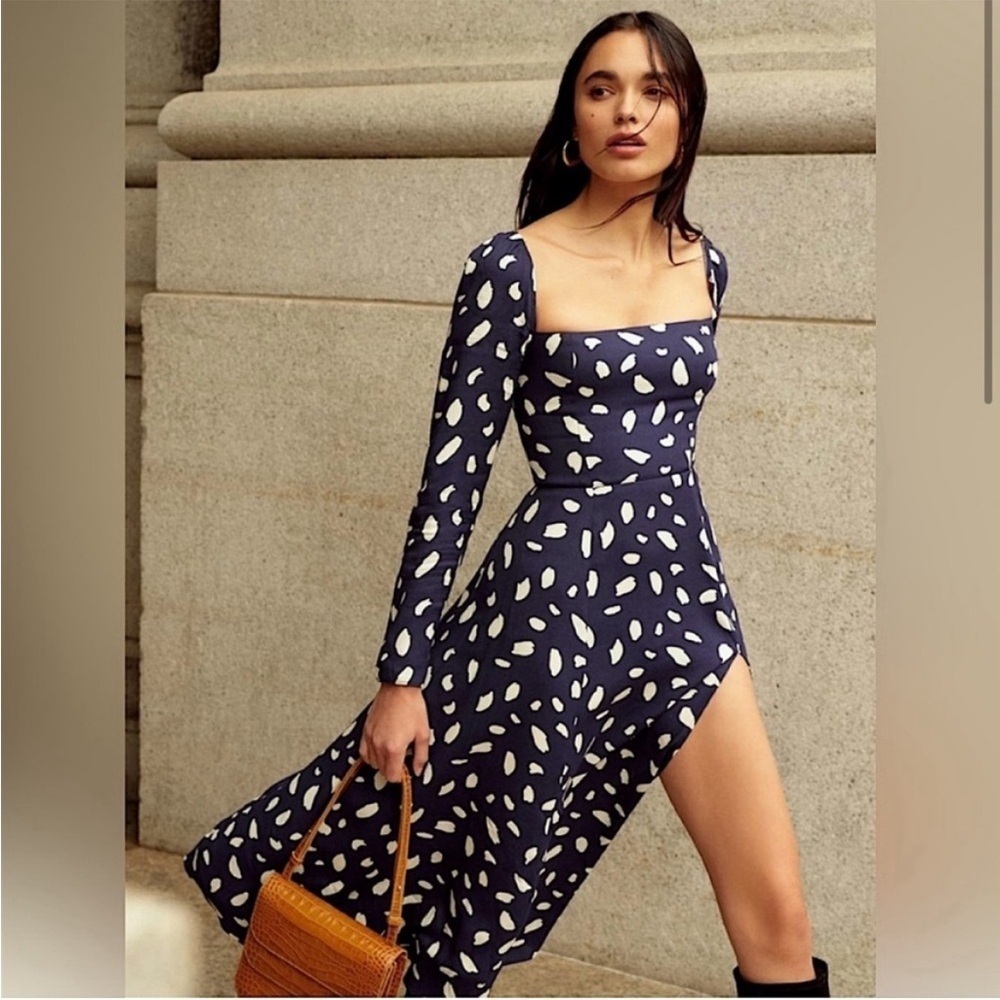 Reformation Sigmund Long Sleeve Printed Midi Dress Navy Blue Size 4